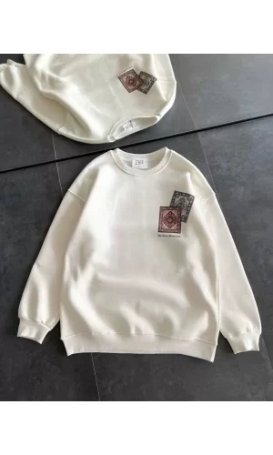 Luz&Pos Kadın Bisiklet Yaka Baskılı Sweatshirt - Beyaz