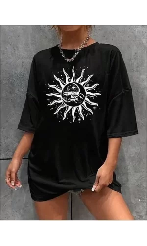 Luz&Pos Kadın Bisiklet Yaka Baskılı T-shirt - Siyah