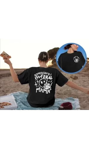 Luz&Pos Kadın Bisiklet Yaka Baskılı T-shirt - Siyah