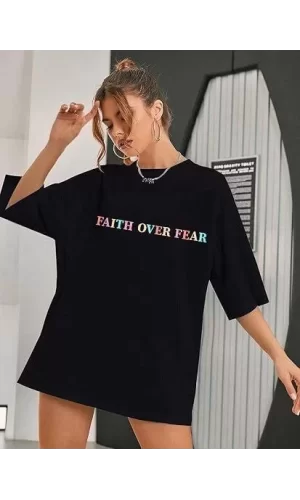 Luz&Pos Kadın Bisiklet Yaka Baskılı T-shirt - Siyah