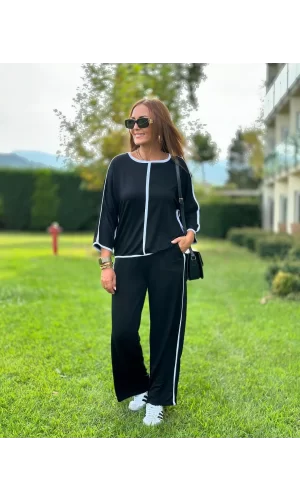 Kadın Bisiklet Yaka Truvakar Kol Biye Detay Bluz Ve Yüksek Bel Lastikli Pantolon Ikili Takım