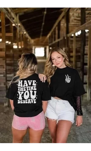 Luz&Pos Kadın Bisiklet Yaka Kısa Kol Baskılı T-shirt - Siyah
