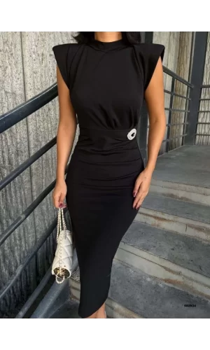 Kadın Bisiklet Yaka Vatkalı Broş Detay Kısa Kol Midi Boy Elbise