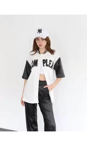 Luz&Pos Kadın Complex Kolları Deri Kolej Oversize T-shirt - Beyaz