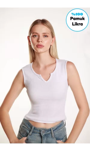 Kadın Crop V  Yaka  Fitilli Likralı  Sıfır Kollu Atlet  Tshirt Bluz