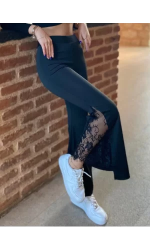 Kadın Dantel Eklemeli Ispanyol Paça Scuba Tayt Pantalon