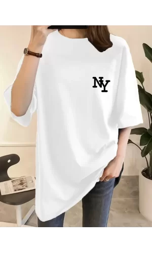 Luz&Pos Kadın Eğlenceli Harf Ny Baskılı Bisiklet Yaka Tişört - Rahat Polyester, Makinede Yıkanabilir - Yaz Ve Fitness İçin Mükemmel, Yuvarlak Yaka- Beyaz