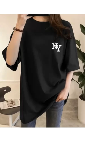Luz&Pos Kadın Eğlenceli Harf Ny Baskılı Bisiklet Yaka Tişört - Rahat Polyester, Makinede Yıkanabilir - Yaz Ve Fitness İçin Mükemmel, Yuvarlak Yaka - Siyah