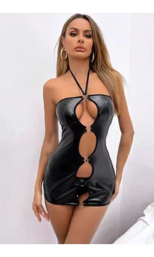 Kadın Fantezi Deri Kostüm Harness Erotik Kıyafet D21017 Siyah