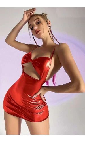 Kadın Fantezi Deri Kostüm Harness Erotik Kıyafet D21047 Kırmızı