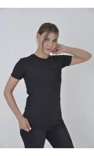 Luz&Pos Kadın File Cepli Slim Fit T-shirt - Siyah
