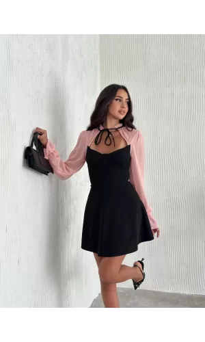 Luz&Pos Kadın Göğsü Bağlamalı Kalp Yaka Kolları Şifon Mini Elbise - Siyah Pembe