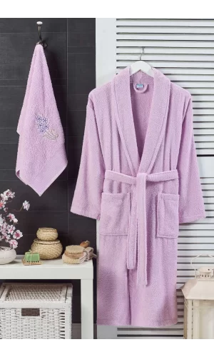 Kadın Havlulu Banyo Bornoz Takımı &#37;100 Pamuklu Lila