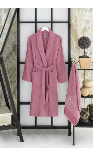 Kadın Havlulu Banyo Bornoz Takımı &#37;100 Pamuklu Mürdüm