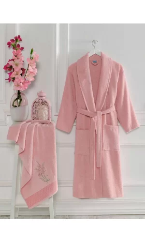 Kadın Havlulu Banyo Bornoz Takımı &#37;100 Pamuklu Pembe