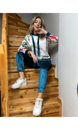 Kadın Kadife Kumaş Uzun Kollu Kapüşon Detay çiçek Baskılı Sweat Ve Pantolon Ikili Takım