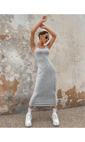 Kadın Kalın Askılı Kare Yaka Fitilli Kaşkorse Midi Boy Elbise