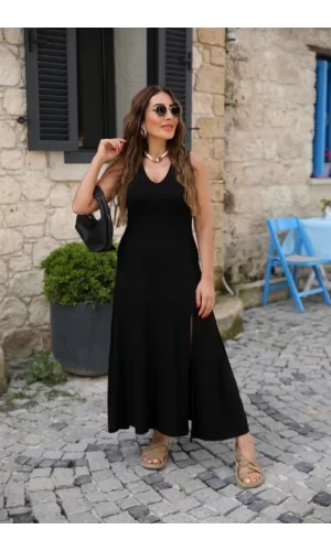 Kadın Kalın Askılı V Yaka Yırtmaç Detay Viskon Elbise