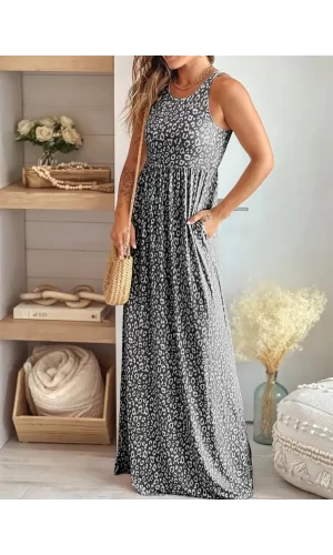 Kadın Kalın Askılı Yuvarlak Yaka Cepli Süprem Maksi Elbise