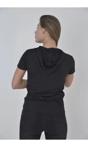 Luz&Pos Kadın Kapşonlu Slim Fit T-shirt - Siyah