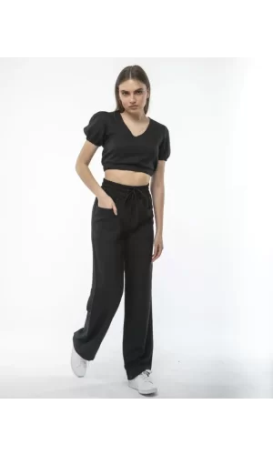 Kadin Keten Pantalon Ve Crop Takım - Siyah