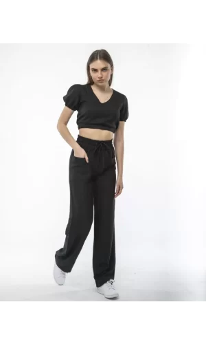 Luz&Pos Kadin Keten Pantolon Ve Crop Takım - Siyah