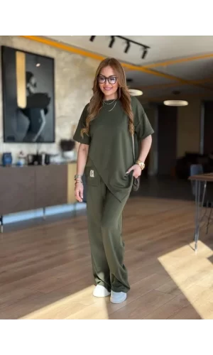 Kadın Kısa Kollu Bisiklet Yaka Asimetrik Viskon Iki Iplik Bluz Ve Pantolon Ikili Takım