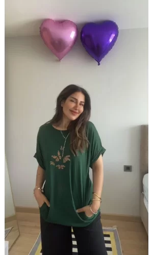 Kadın Kısa Kollu Bisiklet Yaka Cepli Kelebek Baskılı Viskon Elbise