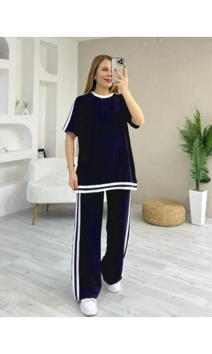 Kadın Kısa Kollu Bisiklet Yaka çift Renk şerit Detaylı Viskon Iki Iplik Bluz Ve Pantolon Ikili Takım