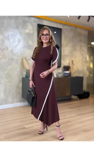 Kadın Kısa Kollu Bisiklet Yaka çift şerit Renk Detaylı Asimetrik Kesim Viskon Iki Iplik Elbise