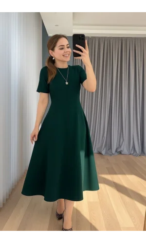 Kadın Kısa Kollu Bisiklet Yaka Maksi Boy Ithal Krep Elbise