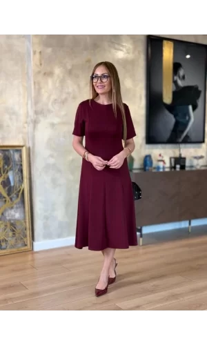 Kadın Kısa Kollu Bisiklet Yaka Midi Viskon Iki Iplik Elbise