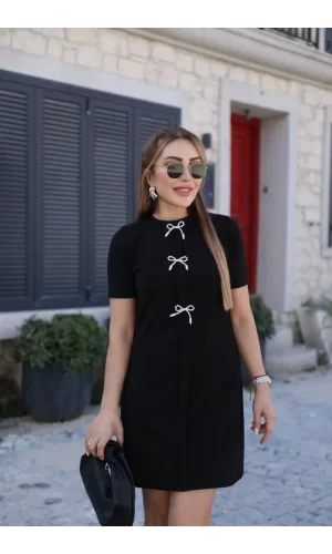 Kadın Kısa Kollu Bisiklet Yaka önden Fiyonk Detaylı Ithal Krep Elbise