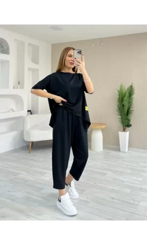 Kadın Kısa Kollu Bisiklet Yaka Viskon Iki Iplik Bluz Ve Pantolon Ikili Takım