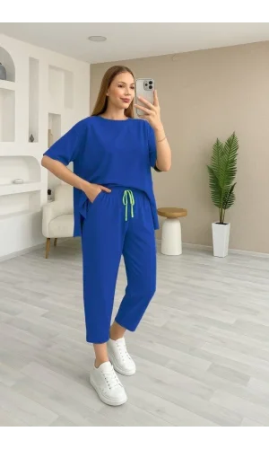 Kadın Kısa Kollu Bisiklet Yaka Viskon Iki Iplik Bluz Ve Pantolon Ikili Takım
