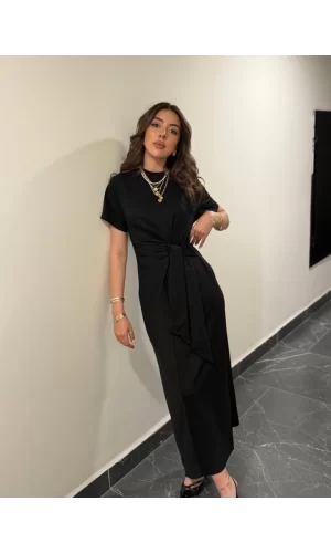 Kadın Kısa Kollu Bisiklet Yaka Yandan Bağlamalı Viskon Iki Iplik Elbise