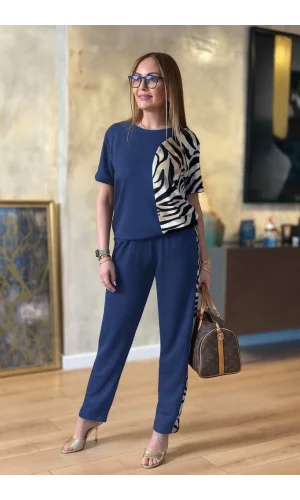 Kadın Kısa Kollu Bisiklet Yaka Zebra Desen Bluz Ve Pantolon Ikili Takım