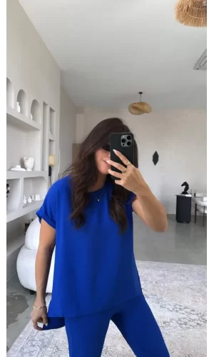 Kadın Kısa Kollu Bluz Ve Bileği Pens Detay Pantolon Ikili Takım