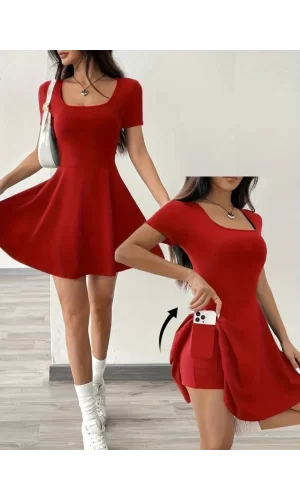 Kadın Kısa Kollu Kare Yaka Short Detaylı Cepli Dalgıç Elbise