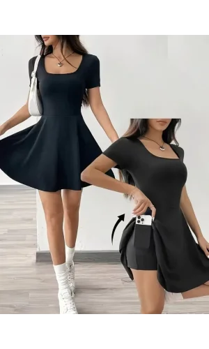 Kadın Kısa Kollu Kare Yaka Short Detaylı Cepli Dalgıç Elbise