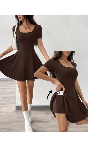 Kadın Kısa Kollu Kare Yaka Short Detaylı Cepli Dalgıç Elbise