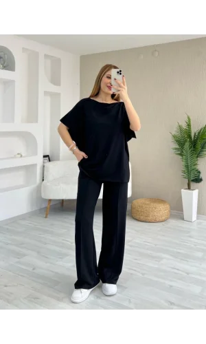 Kadın Kısa Kollu Kayık Yakalı Dikiş Izi Detaylı Viskon Iki Iplik Bluz Ve Pantolon Ikili Takım