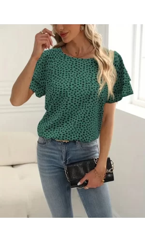 Kadın Kısa Kollu Kolları Volanlı Baskılı Süprem Bluz