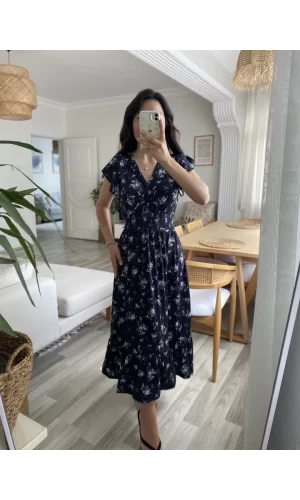 Kadın Kısa Kollu Kruvaze Yakalı Beli Lastikli çiçek Desenli Elbise