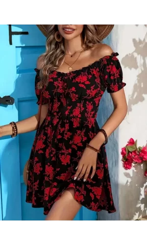 Kadın Kısa Kollu Madonna Yaka Beli Lastikli çiçek Desenli Kısa Süprem Elbise