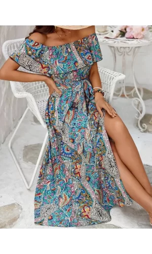 Kadın Kısa Kollu Madonna Yaka Fırfırlı Belden Yırtmaçlı Maksi Süprem Elbise