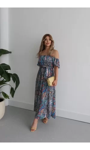 Kadın Kısa Kollu Madonna Yaka Fırfırlı Belden Yırtmaçlı Maksi Süprem Elbise