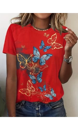 Kadın Kısa Kollu Mavi Sarı Kelebek Baskı Süprem Bluz
