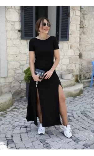 Kadın Kısa Kollu Sırt Dekolte Detay önü çift Yırtmaçlı Viskon Elbise