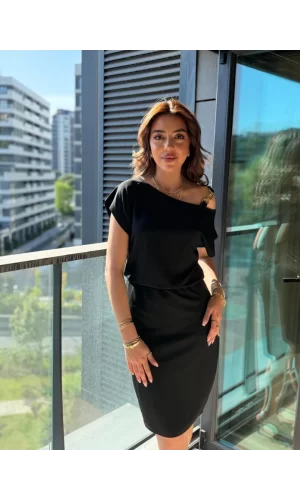 Kadın Kısa Kollu Tek Omuz Askı Ve Aksesuar Detay Beli Lastikli Krep Elbise